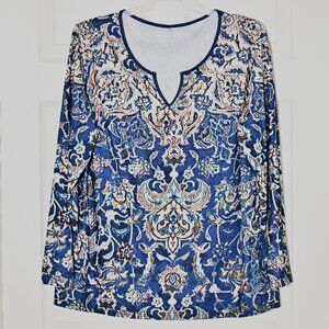 Blue and White Paisley Patterned Long Sleeve Top